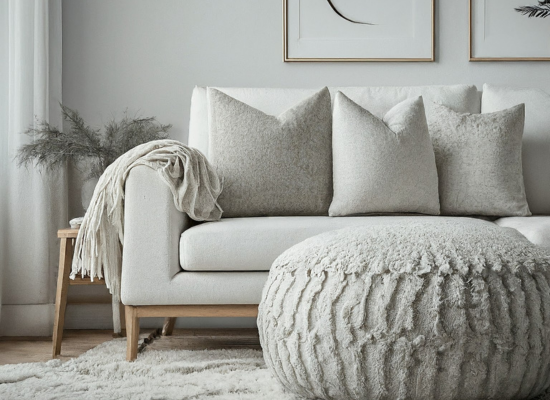 Image. Bright White room with white ottoman, white couch and white throw blanket