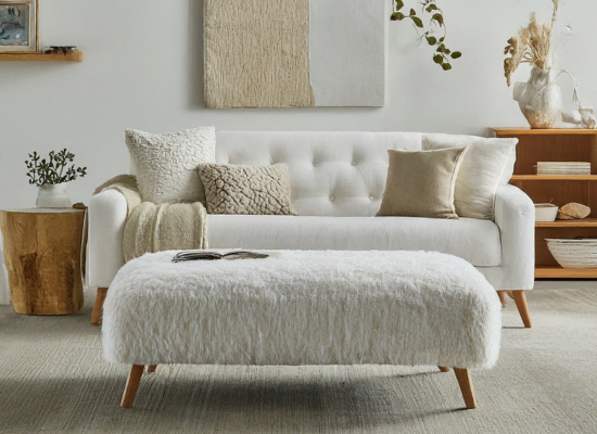 Image. White living room with bench ottoman